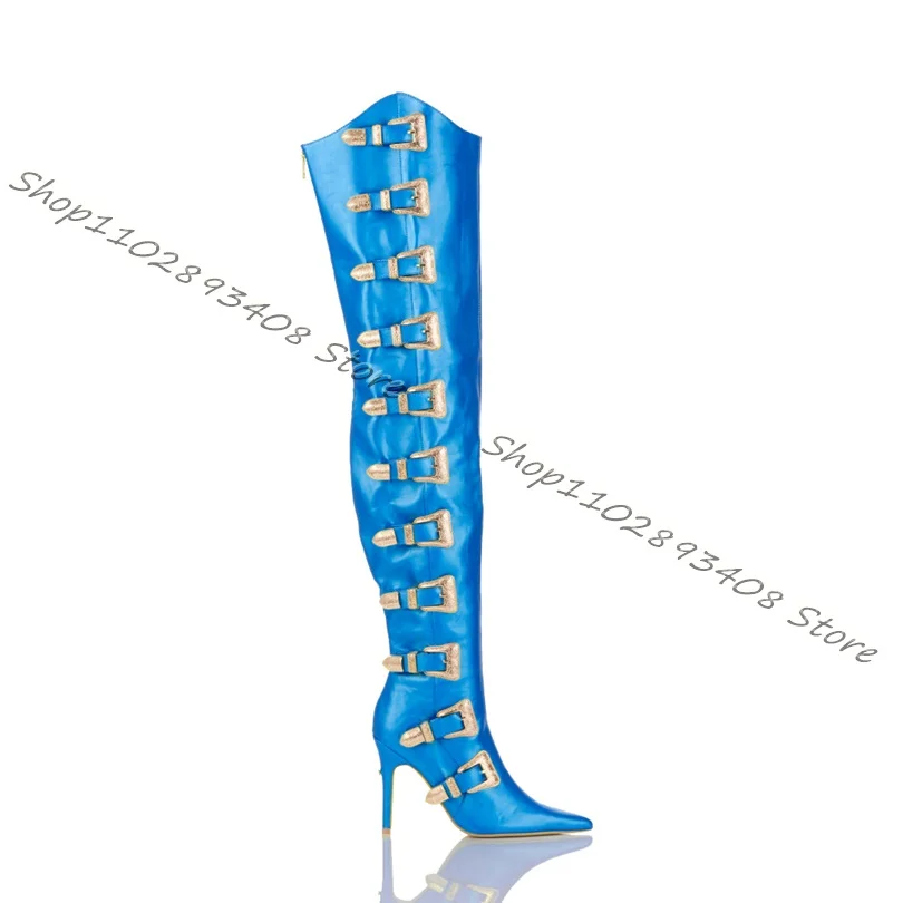 

Blue Belt Buckle Decor Knee Boots Back Zipper Stiletto British Style Pointed Toe Shoes Women Fashion Boots Zapatos Para Mujere