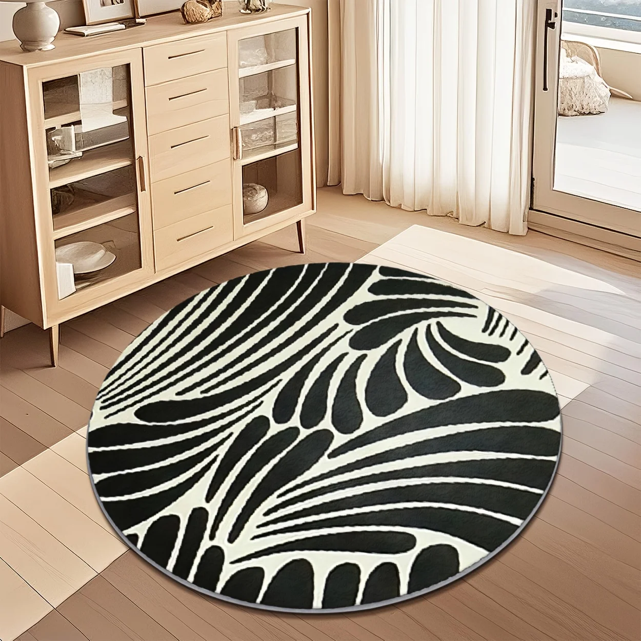 Black White Abstract Wave Line Round Rug  Minimalist Geometric Circular Mat Non Slip Floor Carpet Living Room Decor