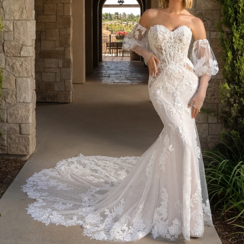 Luxury Light Champagne Dubai Arabic Mermaid Wedding Dresses Applique Lace Tull Beading Court Train Wedding Dress Bridal Gowns