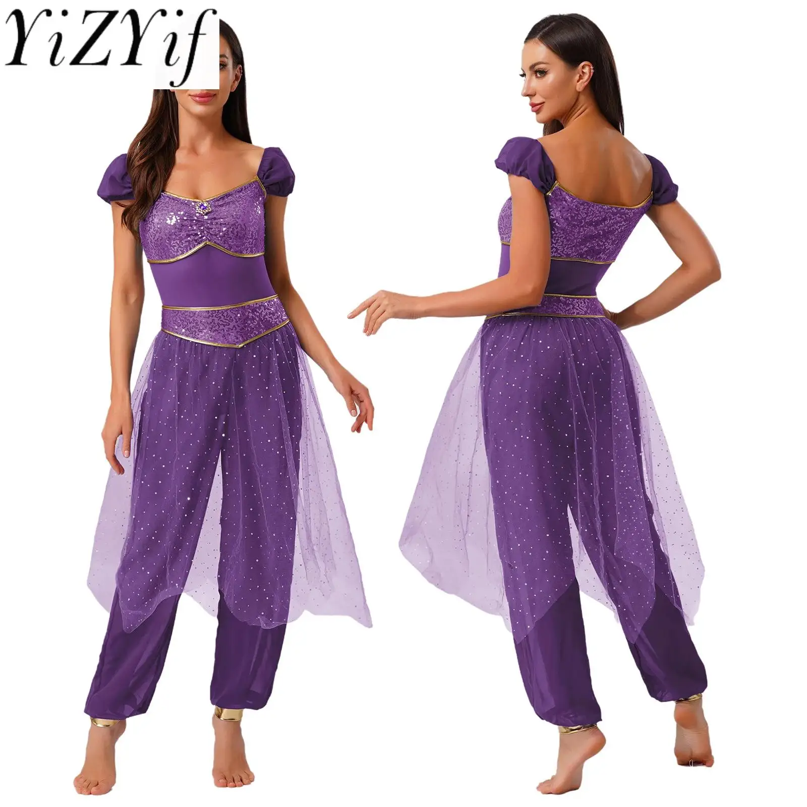 

Women Oriental Arabic Princess Cosplay Costumes Sleeveless Sequins Fancy Jumpsuit for Halloween Indian Princess Cosplay Outfits