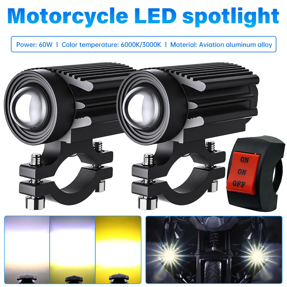 2 Pcs 60W Motorcycle Light For Motorbike Off-road Front Auxiliary 6000LM 6000k/3000k Super Bright Mini Driving Lights Headlight