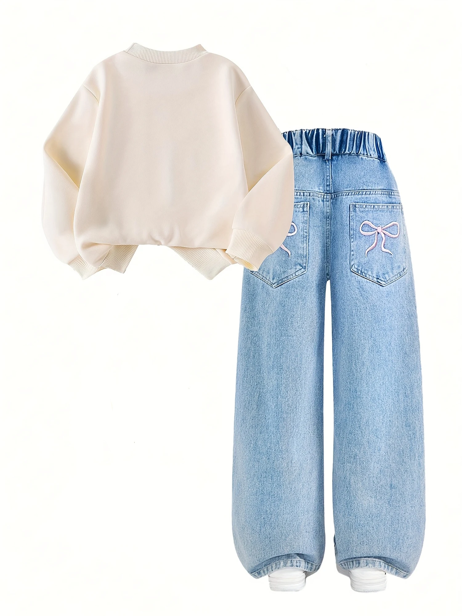 【Only Top + Pants】 Girl's Fashionable Bow-Patterned Hoodie + Bow-Stitched Jeans Set, a Casual Outfit Suitable for All Seasons.