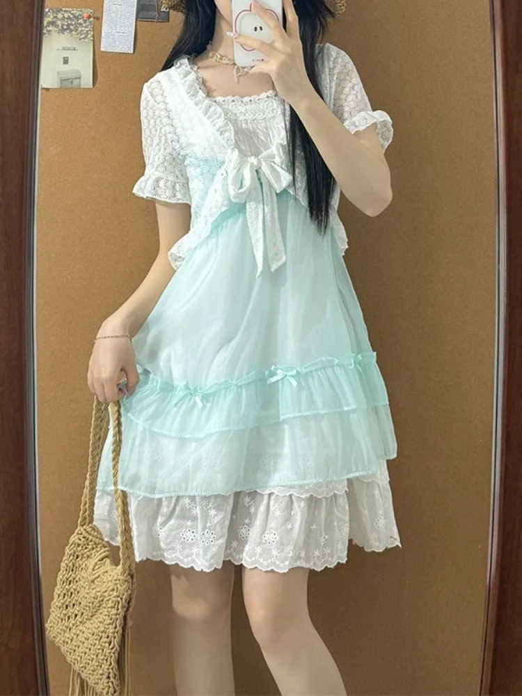Gaun Dua Potong Lolita Jepang Manis Gaun Berlapis Ruffle Tambal Sulam Renda Pakaian Musim Panas Lengan Pendek Lucu Kawaii Baru 2025