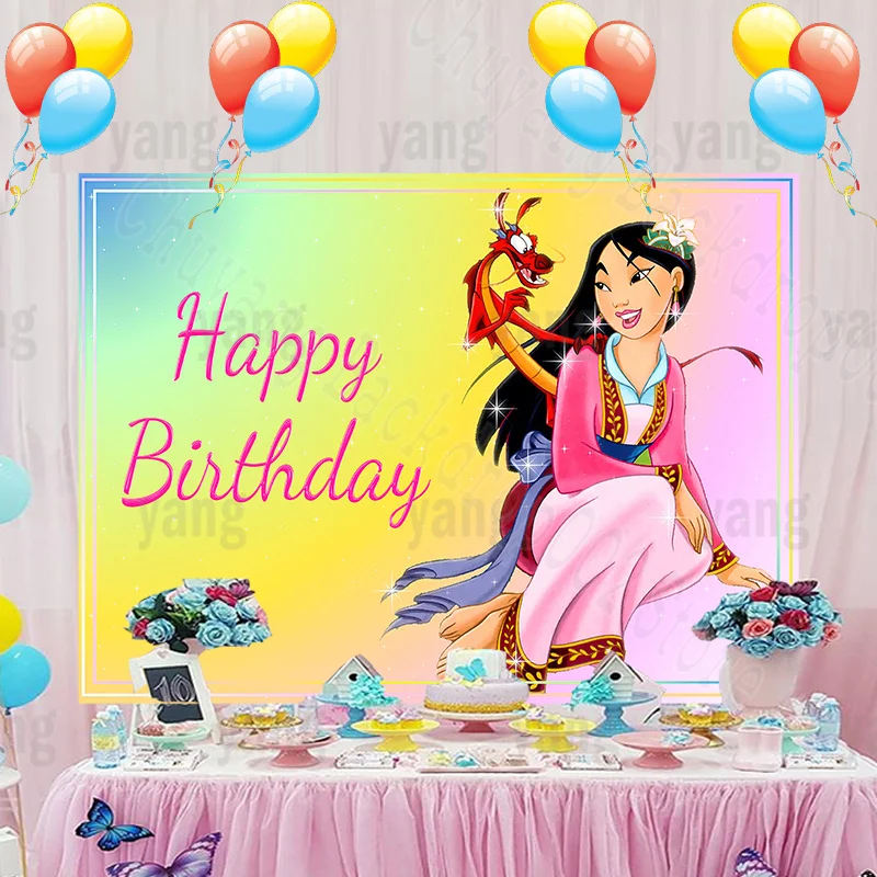 Custom Disney เจ้าหญิงจีน Mulan สีเหลืองฉากหลังรูปภาพสาว Happy Birthday Party ตกแต่งผ้าอาบน้ำเด็กพื้นหลัง