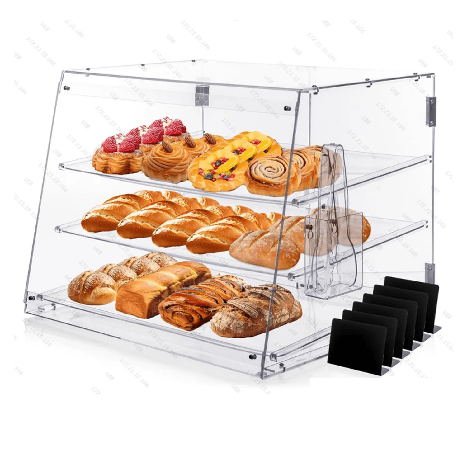 

3-Tier Pastry Display Case with Rear Door Access & Removable Shelves Acrylic Clear Bread Storage Box for Donuts Cakes Cookies