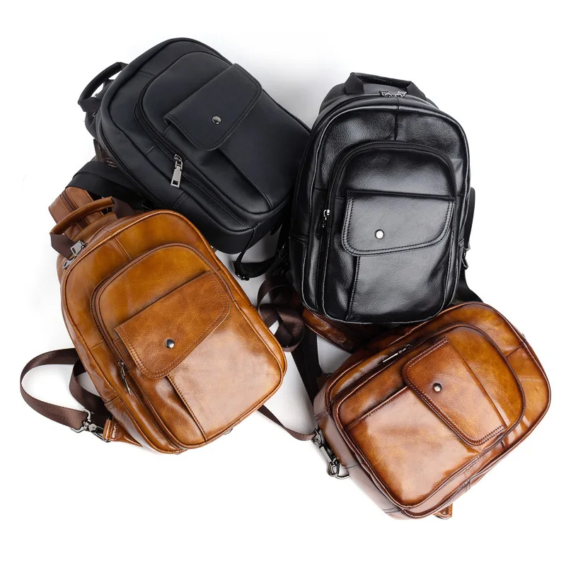 Johnature 2024 New Retro Men Mini Backpack Genuine Leather Multifunctional Bag First Layer Cowhide Handmade Male Chest Bags