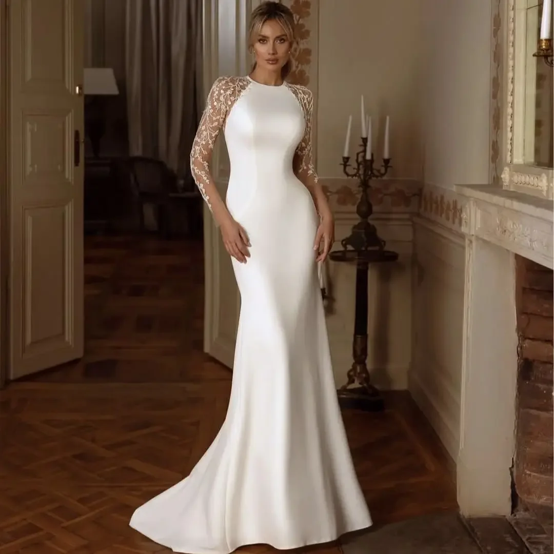 Elegant Women Satin Wedding Dress Long Sleeve Lace Mermaid Lace Appliques Bridal Gown Customize vestidos de novia