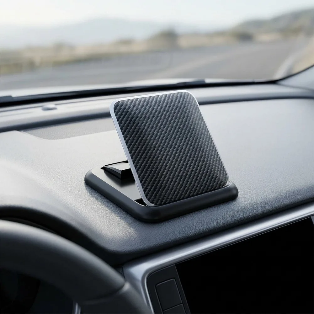 Car Dashboard Mount for Phones Featuring Carbon Fiber Visual Effect and Adjustable Angle Silicone Construction