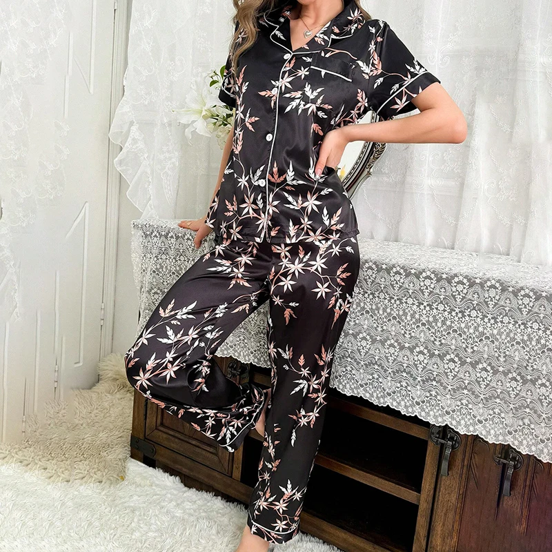 Women\'s Sleepwear Satin Casual Pajama Set Autumn Short Sleeve Buttons Lapel Top & Pants Pajamas 2 Piece Set Soft Home Clothing