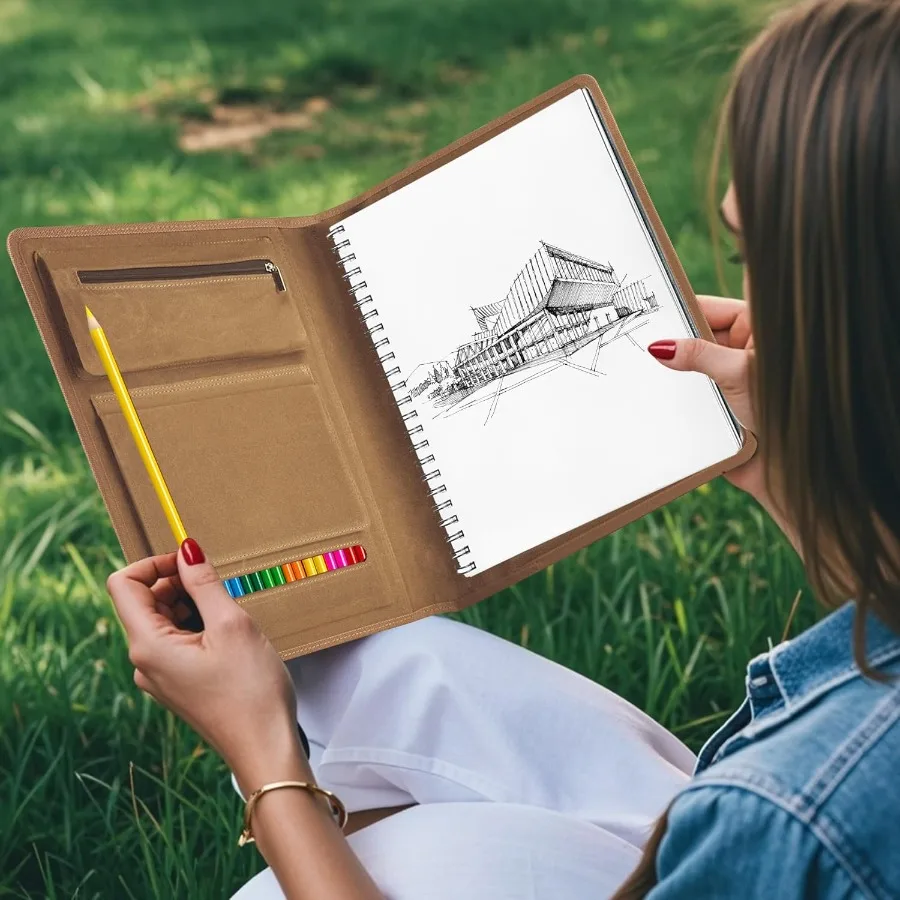 Funda de cuaderno de bocetos de lona encerada con portalápices incorporado para viajes y dibujos al aire libre, se adapta a cuaderno de bocetos de 9x12 y Spira de 8,5x11