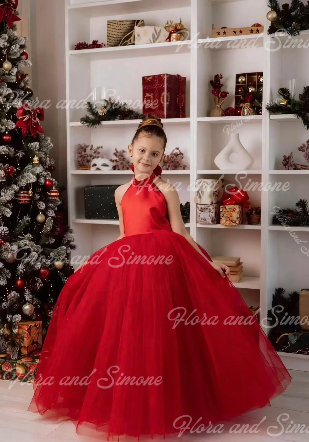 Elegant Red Sleeveless Long Dress Fluffy Flower Girl Dress for Christmas Celebration Formal Receptions Dance Parties Customized