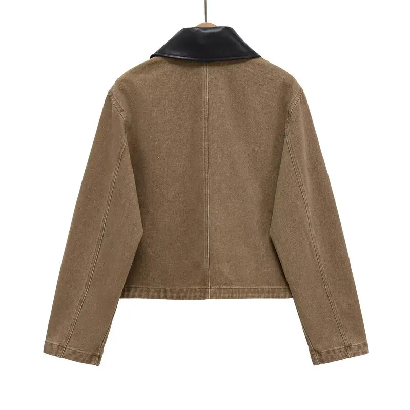 

Women's Faionable Patchwork Collar Denim ort Jaet Autumn 2025 Versatile Sle Long Sve Windproof Coat Button Closure