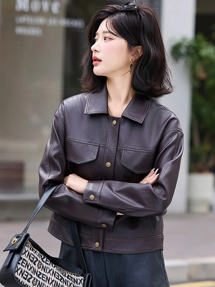 Nuovo Donne Primavera Autunno Pelle spaccata Giacca Moda Colletto risvoltato Monopetto Cappotto corto Casual Giacca di pelle Donna