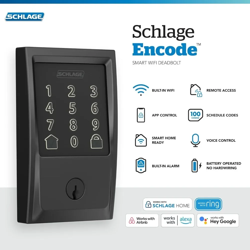 Encoder Smart Wi-Fi Deadbolt avec Century Trim, Noir, 256