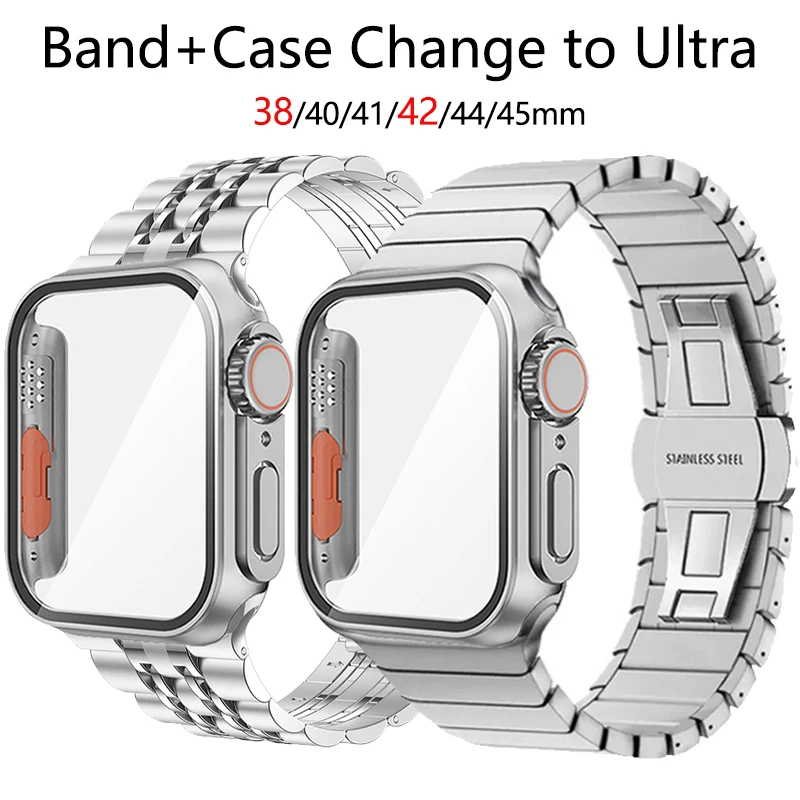 Stainless Steel Strap+PC Cover+Glass for Apple Watch Case 9 8 7 6 5 4 3 45mm 44mm 42MM Appearance Upgrade IWatch Ultra 1/2 49mm