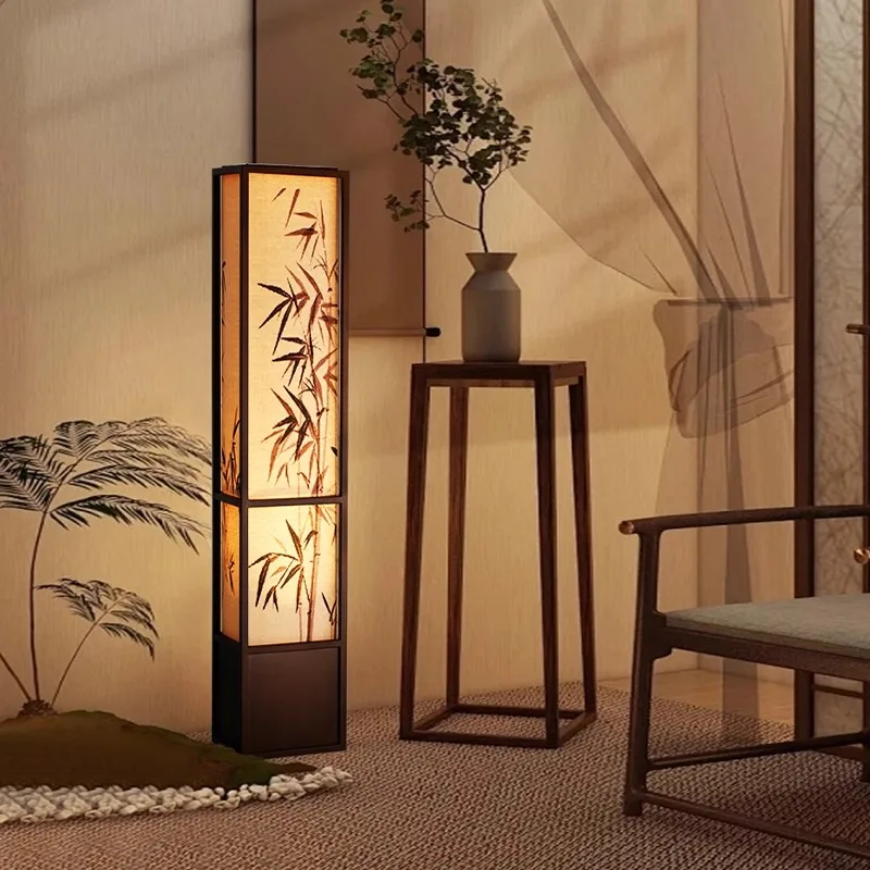 

Квадратная роспись листьев бамбука, вертикальный торшер, простой и элегантный торшер в китайском стиле в стиле дзен, ретро, гостиная, чайная комната