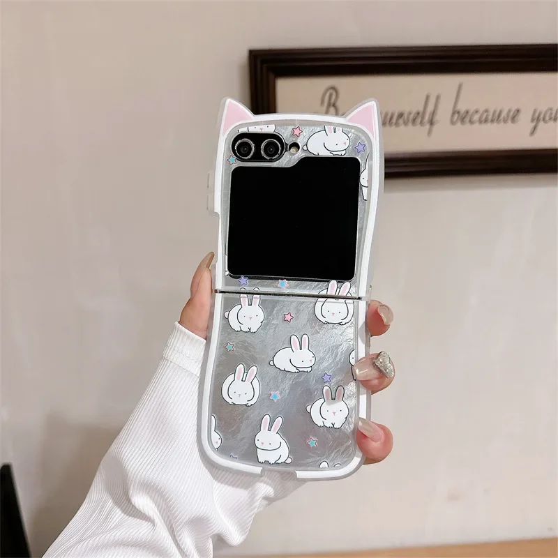 Funda de teléfono con cordón de conejo de felpa para Samsung Galaxy Z Flip 6 5 4 3, funda trasera protectora para ZFlip4 ZFlip5 ZFlip6