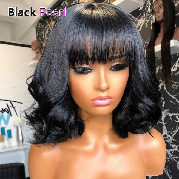 

Black Pearl Short Bob Human Hair Bob Wig Glueless Highlight Colored with Bangs 100% Human Hair Natural Body Wave Ready to Wear