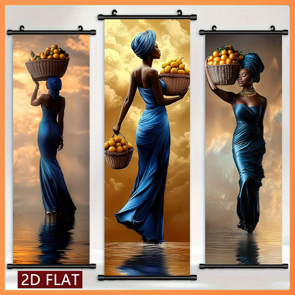VIKAMA African Women Water Reflection Scroll Tapestry, HD Fade Resistant Wall Hanging Scroll Art for Ethnic Room Decor