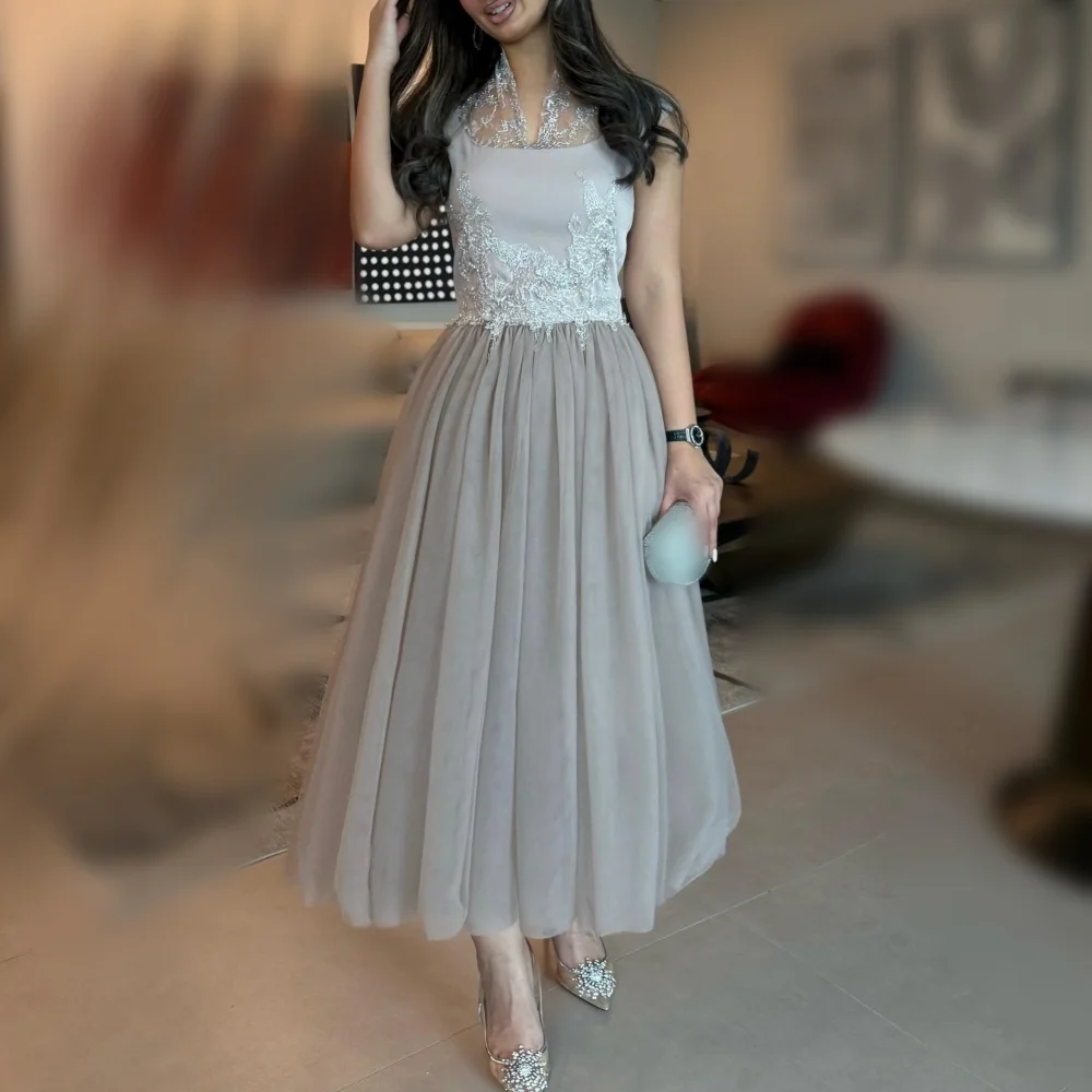 

Customized Classic Formal Evening Dress Lace V-neck A-line Midi Dresses Party Dresses For Wedding Elegant
