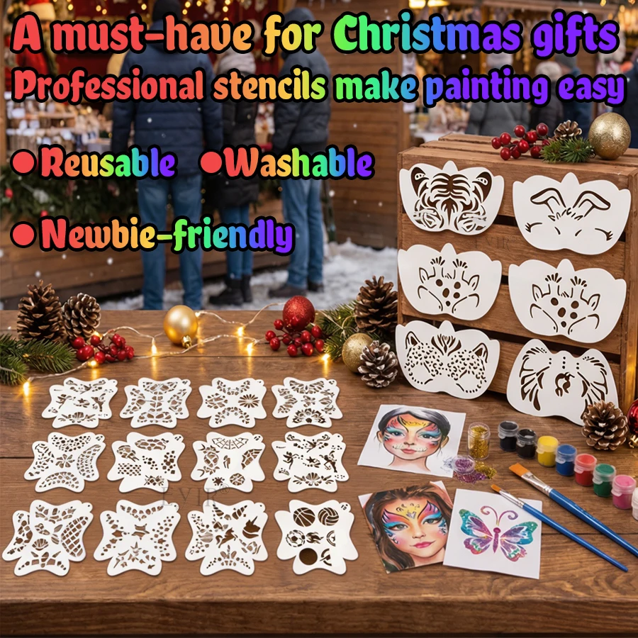 16PCS Reusable Face Painting Stencil Kit Washable DIY Makeup Template Portable Facial Painting Tool Easy Use for Halloween Carn
