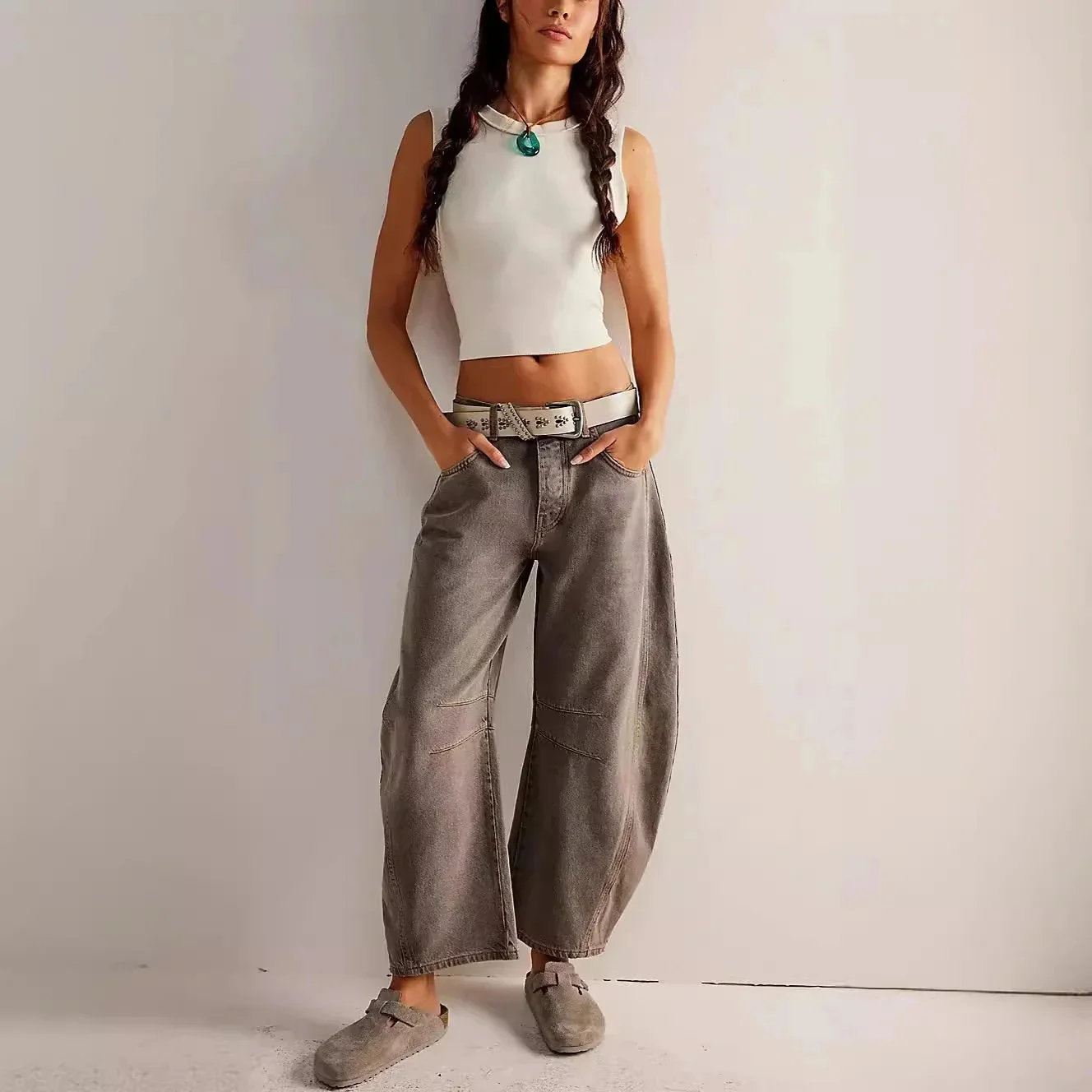 

High Stretch Denim Pants Women Mid-Rise Barrel Jeans Fashion Ninth Pants Wide Leg Shape Casual Baggy Mid Waist Denim Jeans