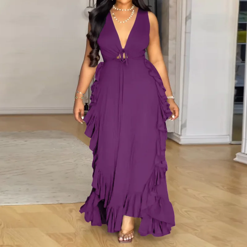 Slergiri vestido de talla grande con escote en V profundo y volantes para mujer, vestidos largos de fiesta sin mangas de cintura alta elegantes de verano 2025