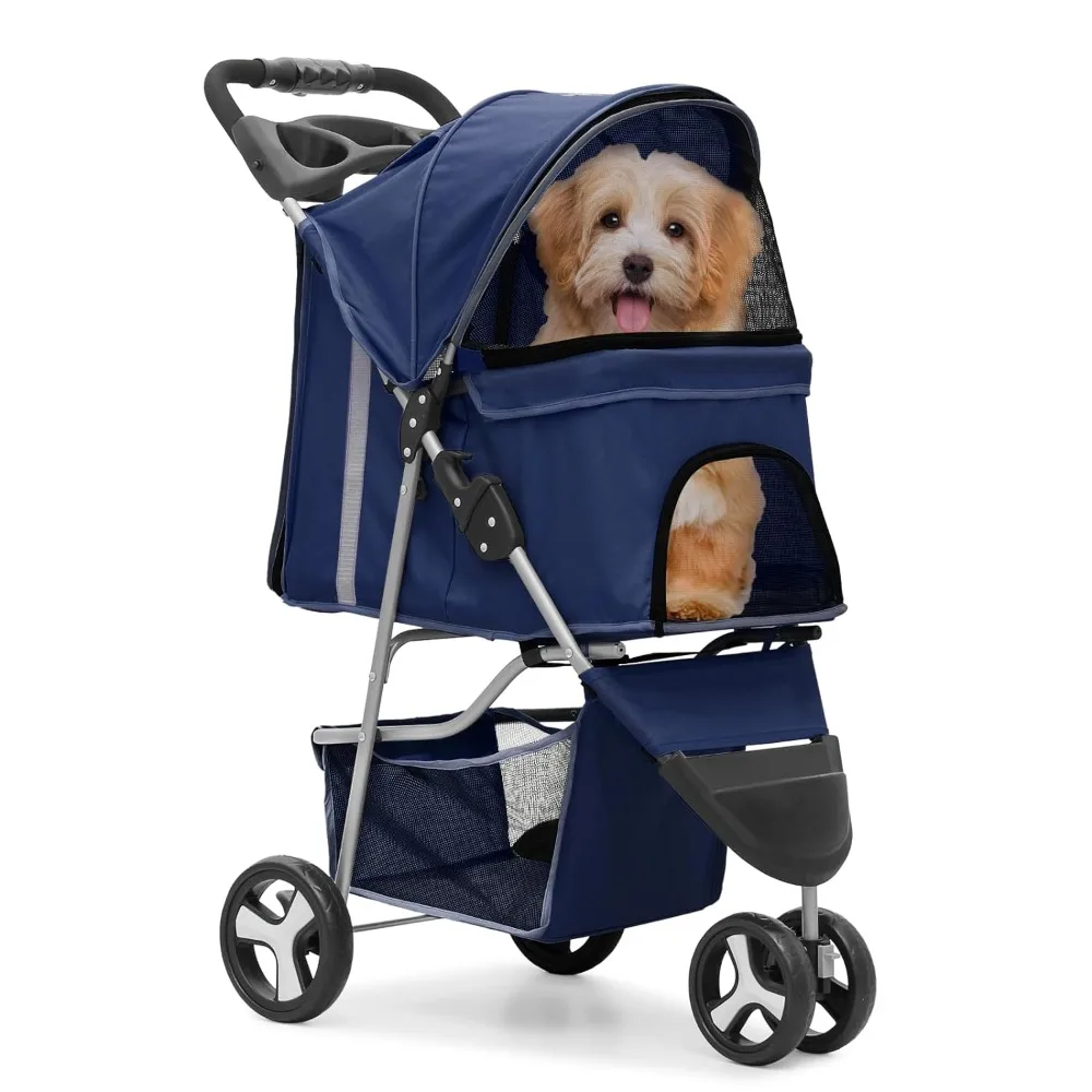 

MoNiBloom 3 Wheels Pet Stroller, Foldable Dog Cat Cage Jogger Stroller with Weather Cover for All-Season, Storage Basket