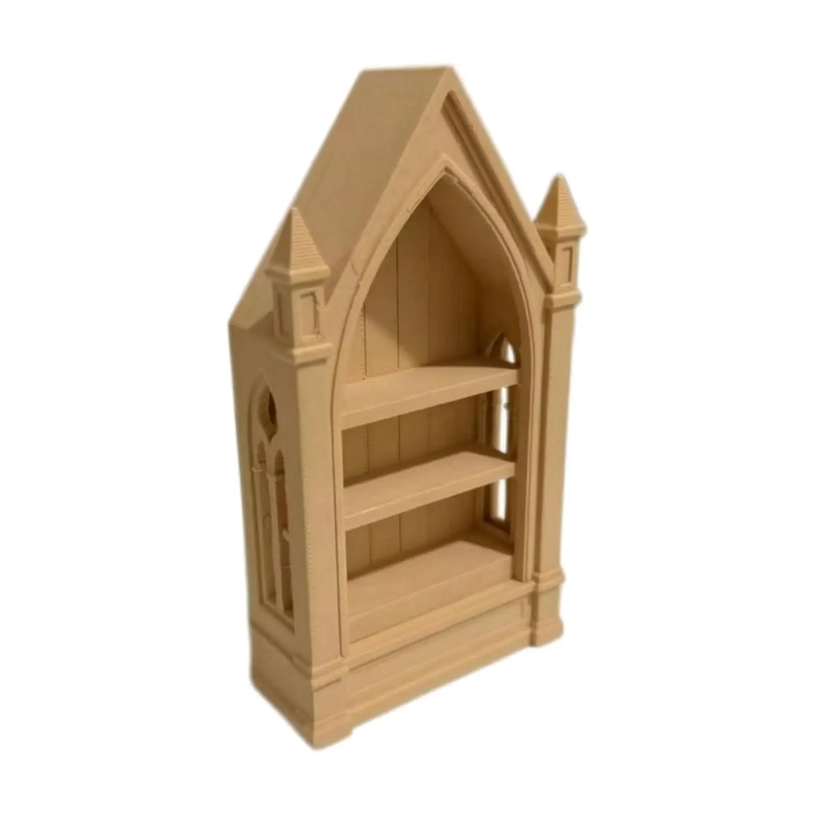 Mini Gothic Display Shelf Khaki Castle Style Open Bookcase for Collectibles Dollhouse Decor Storage