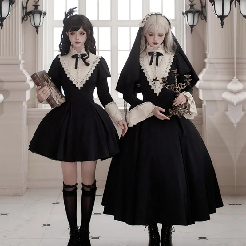 Gothic Lolita Dress Black Nun Long Short OP Dress With Sleeves Apron Multiple Combinations