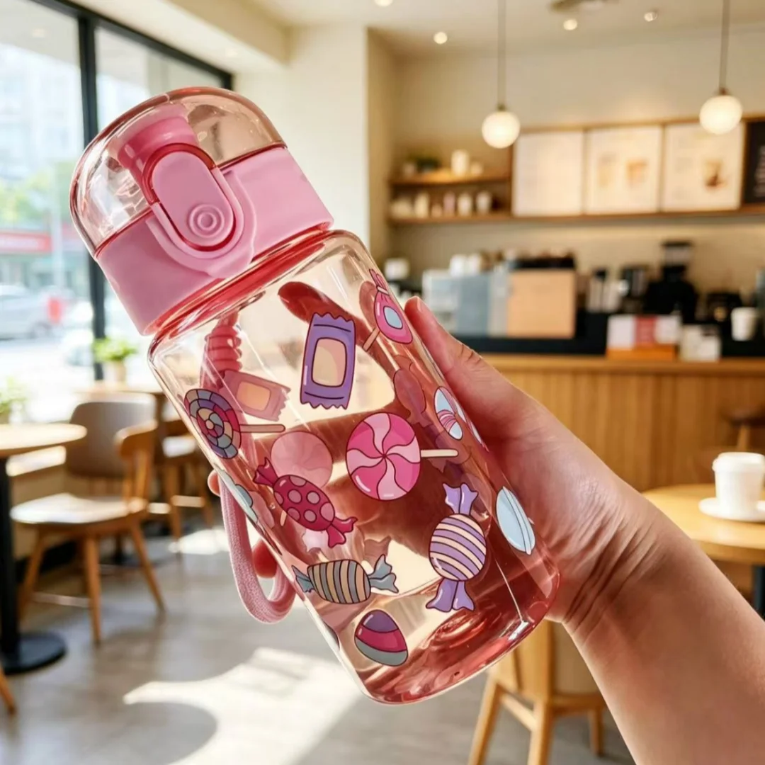 Cartoon Candy & Airplane Pattern Water Bottle, Transparent Stylish Cup, Lightweight Leakproof Reusable, Perfect for Sports