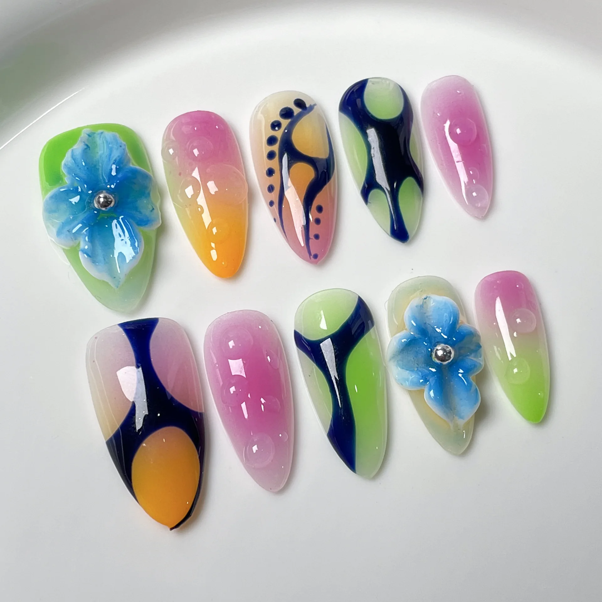 10Pcs Handmade Press on Nails Full Cover Color Collision 3D Flower French Leopard Print Almond Wearable False Nail Spice Girls