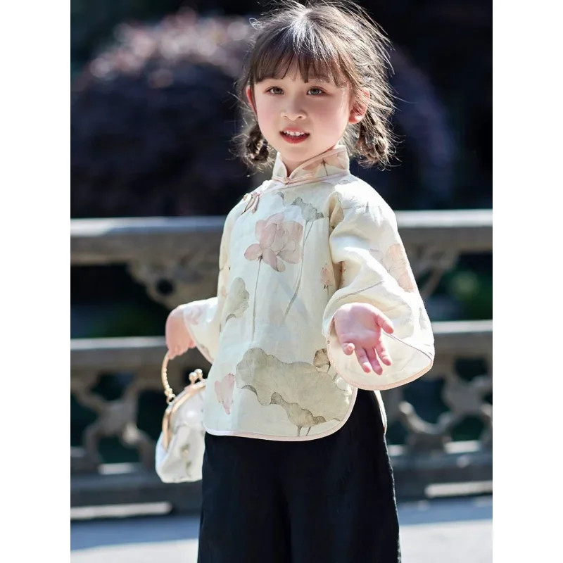 National Style Cotton Linen Lotus Leaf Printed Long Sleeved Top Black Pants Children's Tang Suit Suit Summer Autumn Girl Clothes