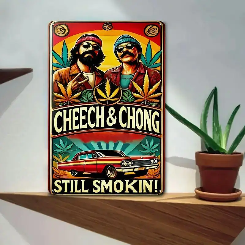 [علامة معدنية عتيقة] علامة القصدير العتيقة Cheech & Chong |   ، لوحة فنية جدارية قديمة بتصميم "Still Smokin"، ألوان نابضة بالحياة، Durab
