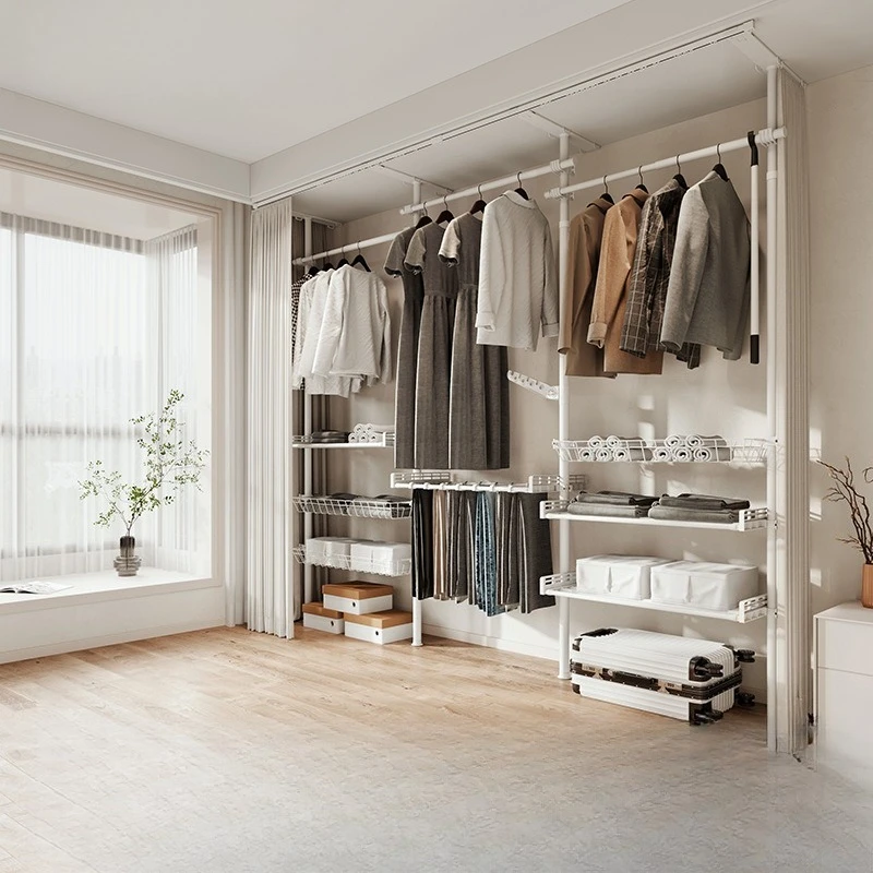 38mm Diameter Floor-to-Ceiling Garment Rack, Freestanding Bedroom Clothes Hanger & Coat Stand with Bag Hooks