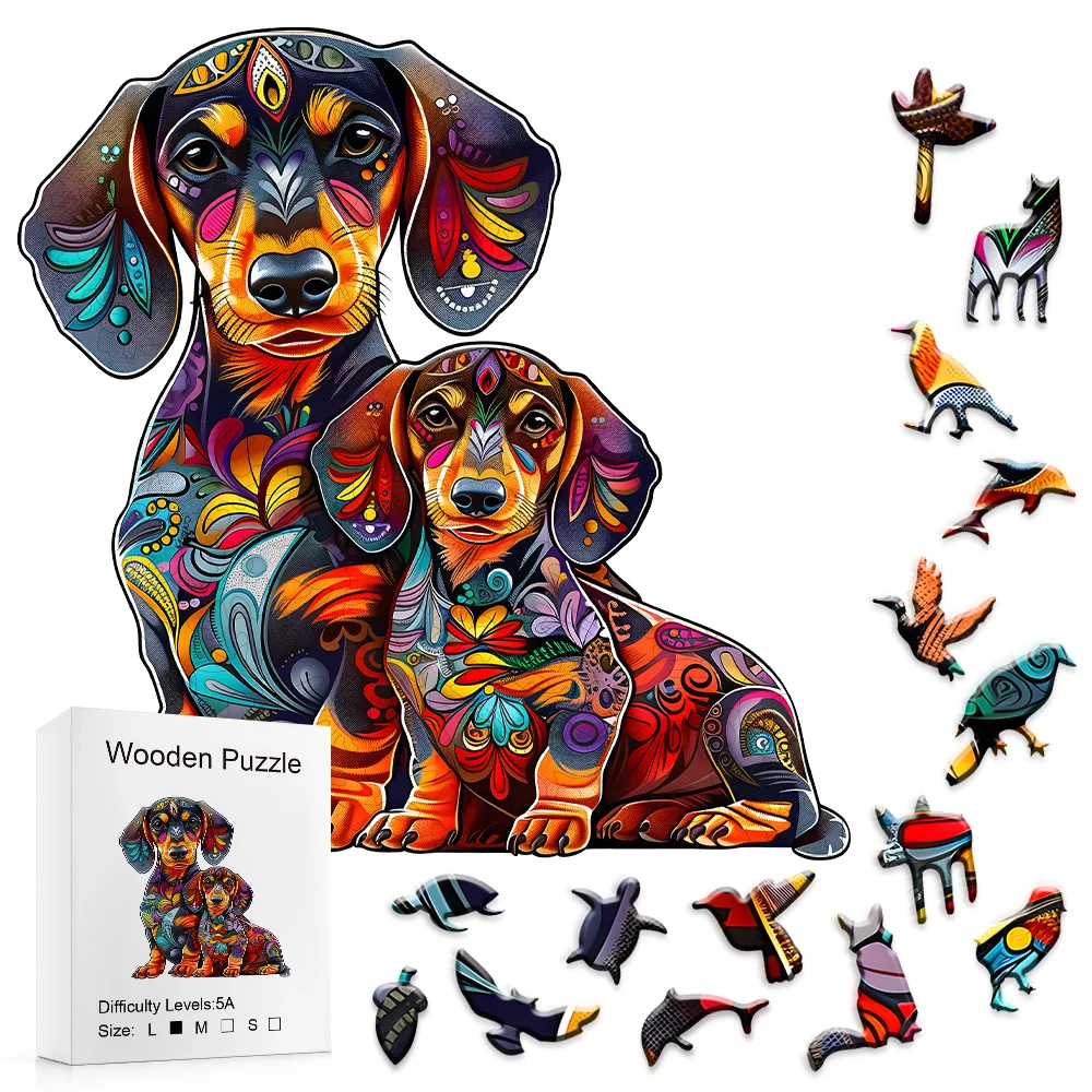 Puzzle in legno per famiglia di cani con salsiccia, squisito giocattolo puzzle con scatola di carta, regalo unico per adulti, puzzle in legno a forma di animale irregolare