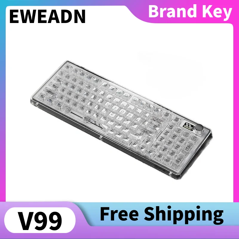

EWEADN V99 Беспроводная механическая клавиатура 1,14-дюймовый дисплей Прозрачные колпачки для клавиш из ПБТ Многофункциональная ручка Настраиваемая клавиатура