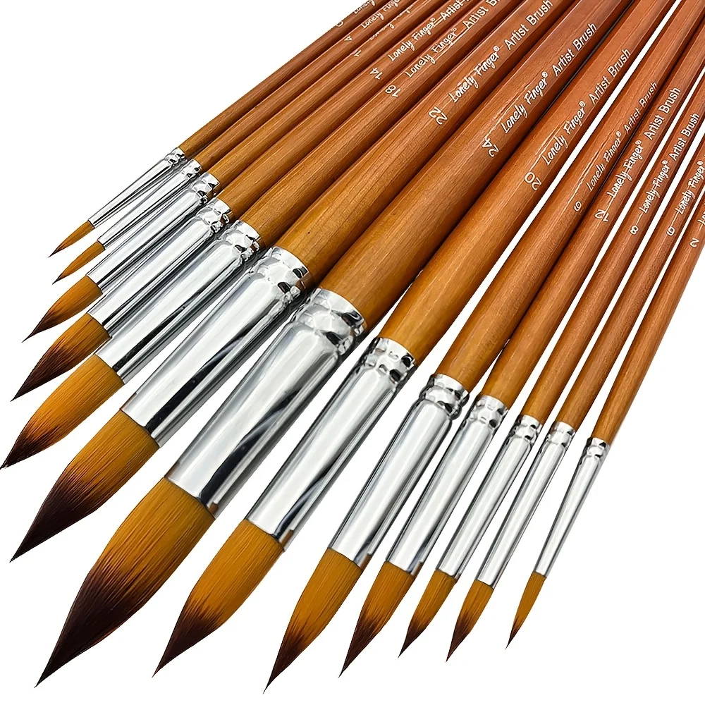 13-Piece Professional Artist Watercolor Paintbrush Set - Long Wooden Handles ,Soft Anti-Shedding Nylon Hair, Round Pointed Tips