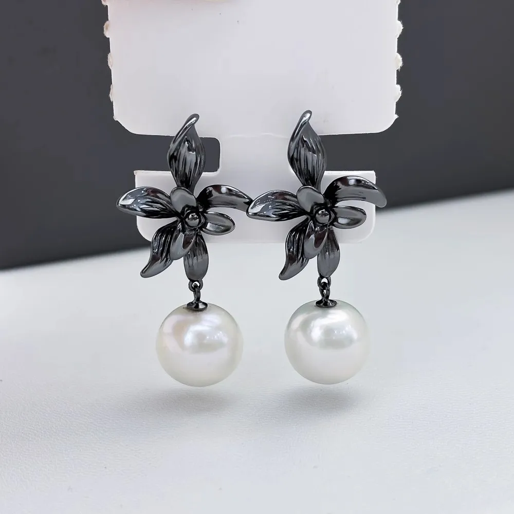 MeiBaPJ 10mm Natural White Round Pearls Fashion Flower Drop Earrings DIY 925 Silver Empty Tray Fine Wedding Jewelry for Women