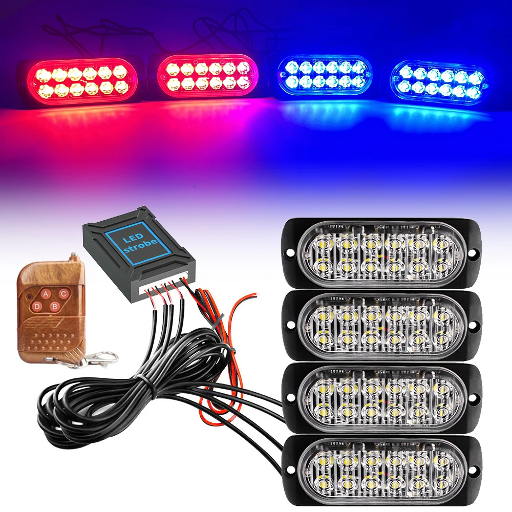 48LED Car Strobe Emergency Signal Warning Light 12-24V Wireless Remote Auto LED Flash Warning Light Beacon Red Blue Yellow