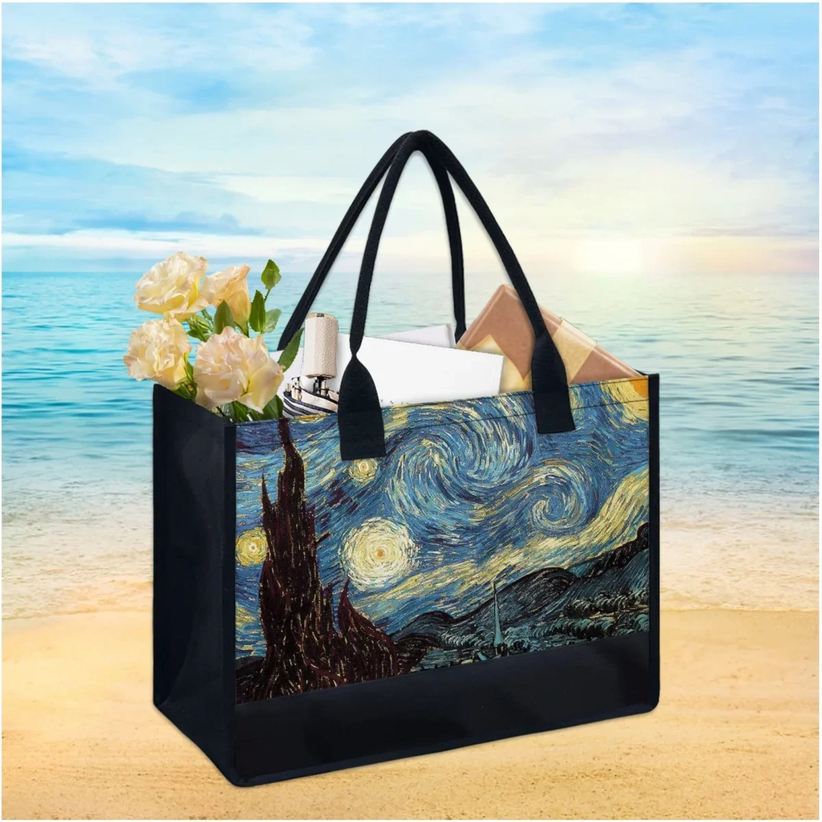 Van Gogh Starry Night Oil Painting Designer Tote Bag for Women Travel Party Beach Canvas Bag Halloween Christmas Gift Handbags