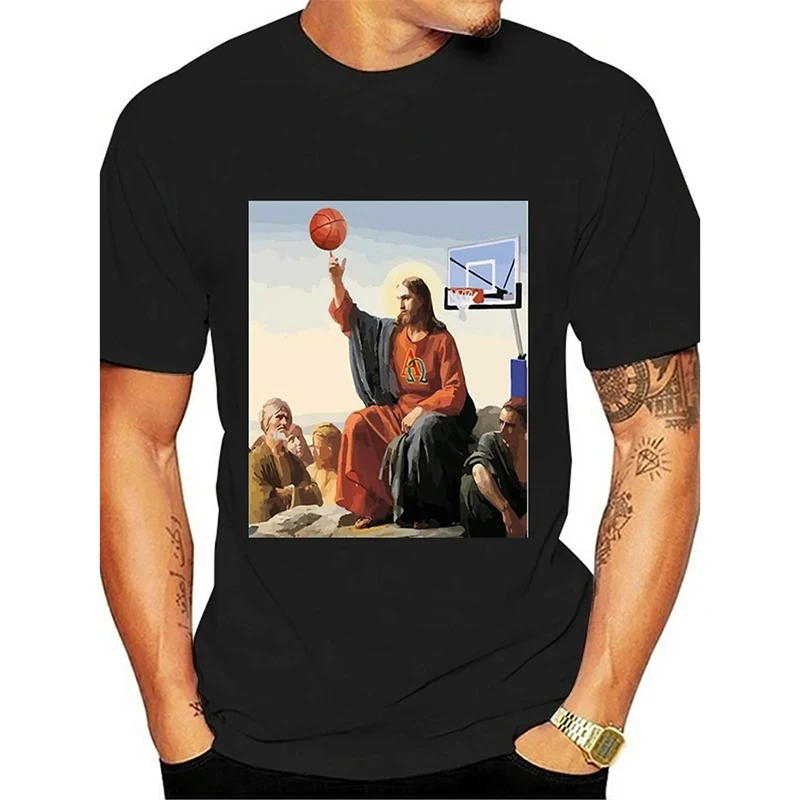 Basketball Funny Jesus T-shirt For Men Prank Personality Streetwear T Shirts Hip Hop Street Outdoor Sports Fashion Men's Tee