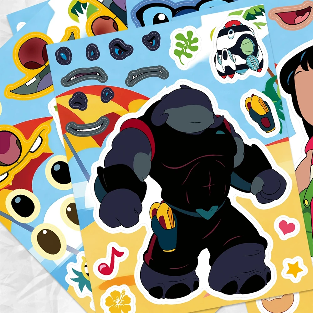 

8/16sheets Kawaii Cute Disney Anime Stitch Puzzle Stickers Make a Face DIY Funny Cartoon Assemble Jigsaw Educational Toys Decals