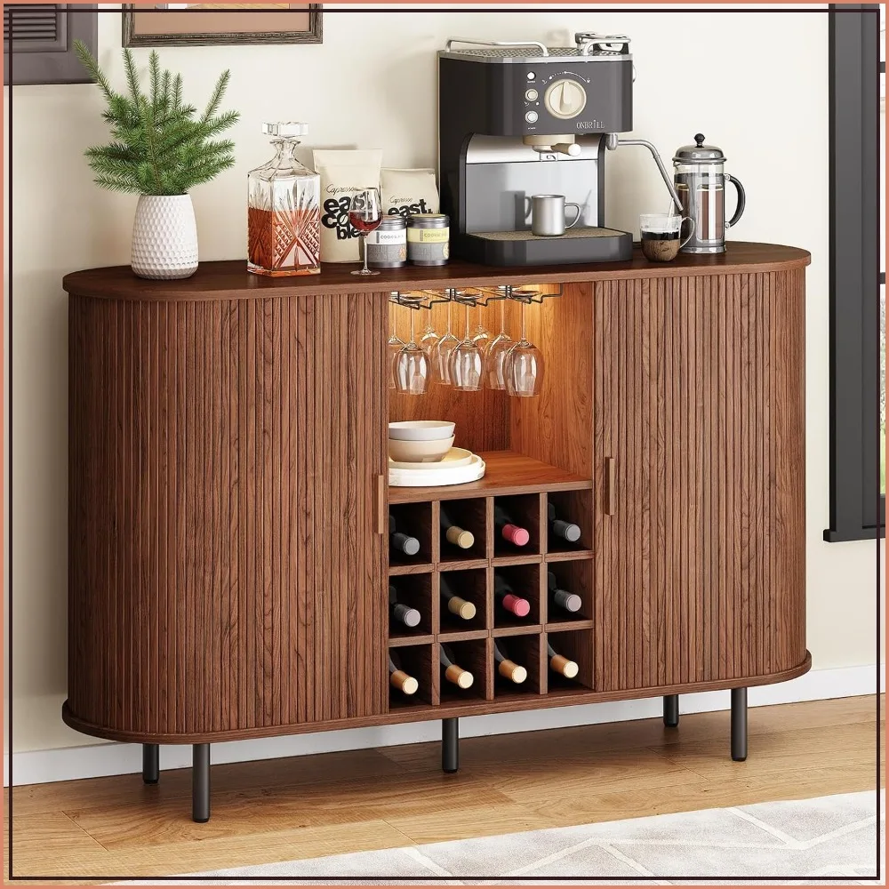 55 Inch Fluted Wine Bar Cabinet with LED Light Walnut Finish Storage Sideboard for Dining Room