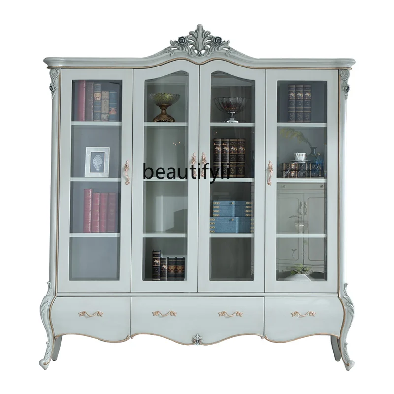 CXH Furniture European Bookcase Bedroom Solid Wood Carved Locker Living Room Clothes Closet