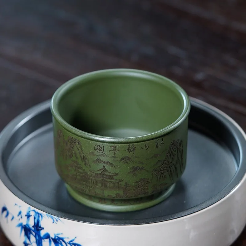 Huzhiyan yixing purple sand tea set, raw ore green clay, hand-engraved, aoshan jingting owner cup, tea cup
