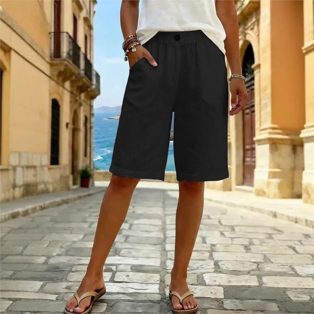 

Imitation Cotton Linen Knee-length Shorts For Summer New Women's Casual Mid-waist Solid Color Commuting Shorts With Pockets