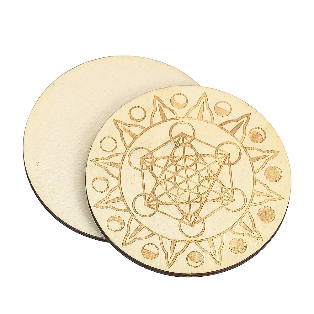 10cm Moon Phases Sun Laser Star Of David Hexagram Chakras Round Wood Plank Coasters Mats Yoga Orgonite Wiccan Board Props