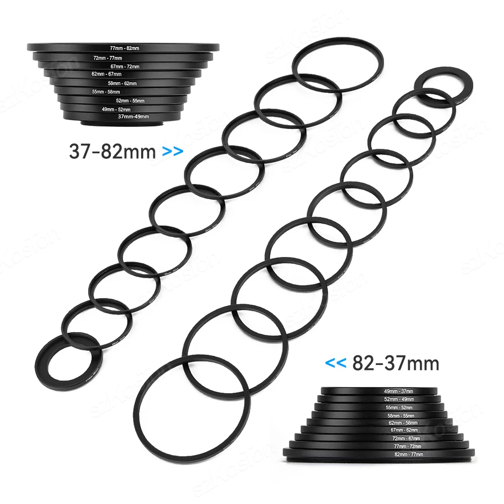 18pcs Camera Lens Filter Step Up & Down Ring Adapter Metal Filter Adapter Ring For All Camera DSLR 37-82 82-37mm Mount Set Kit