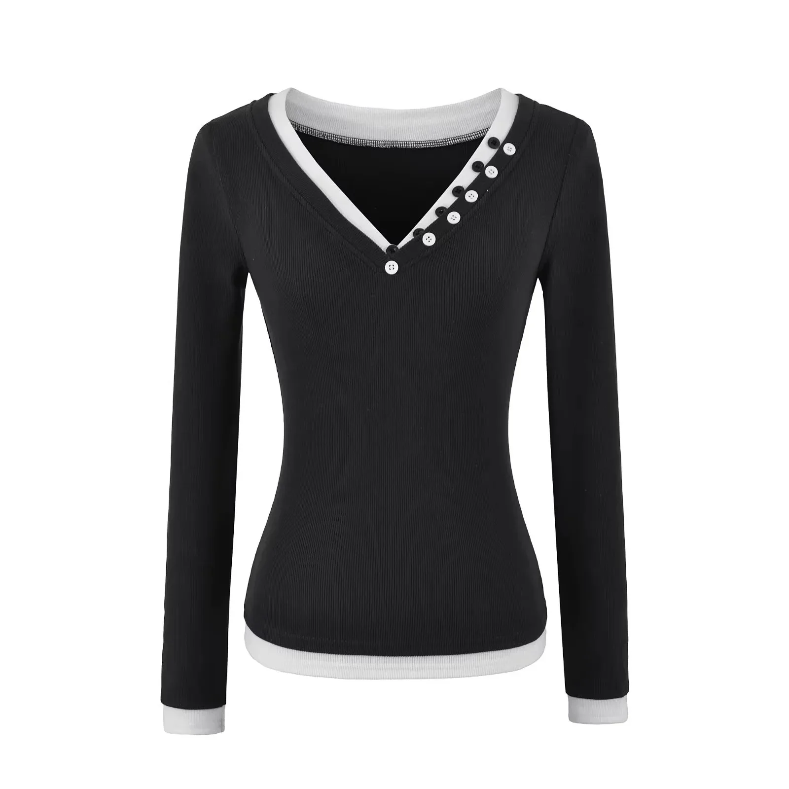 2025 Fall/Winter V-neck New Style Patchwork Faux Two-piece Long-sleeve T-shirt for Women Slimming Waist-cinching Slim-fit YG74
